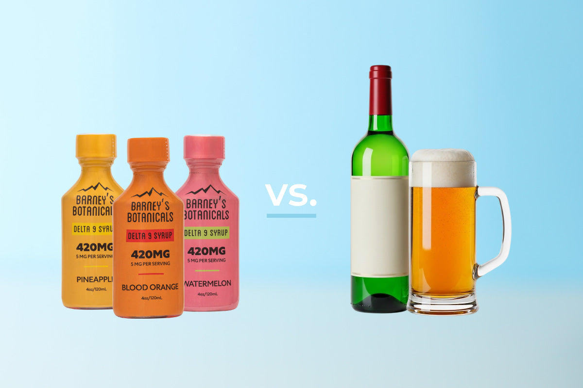 thc d9 syrup bottles next to a wine and beer mug