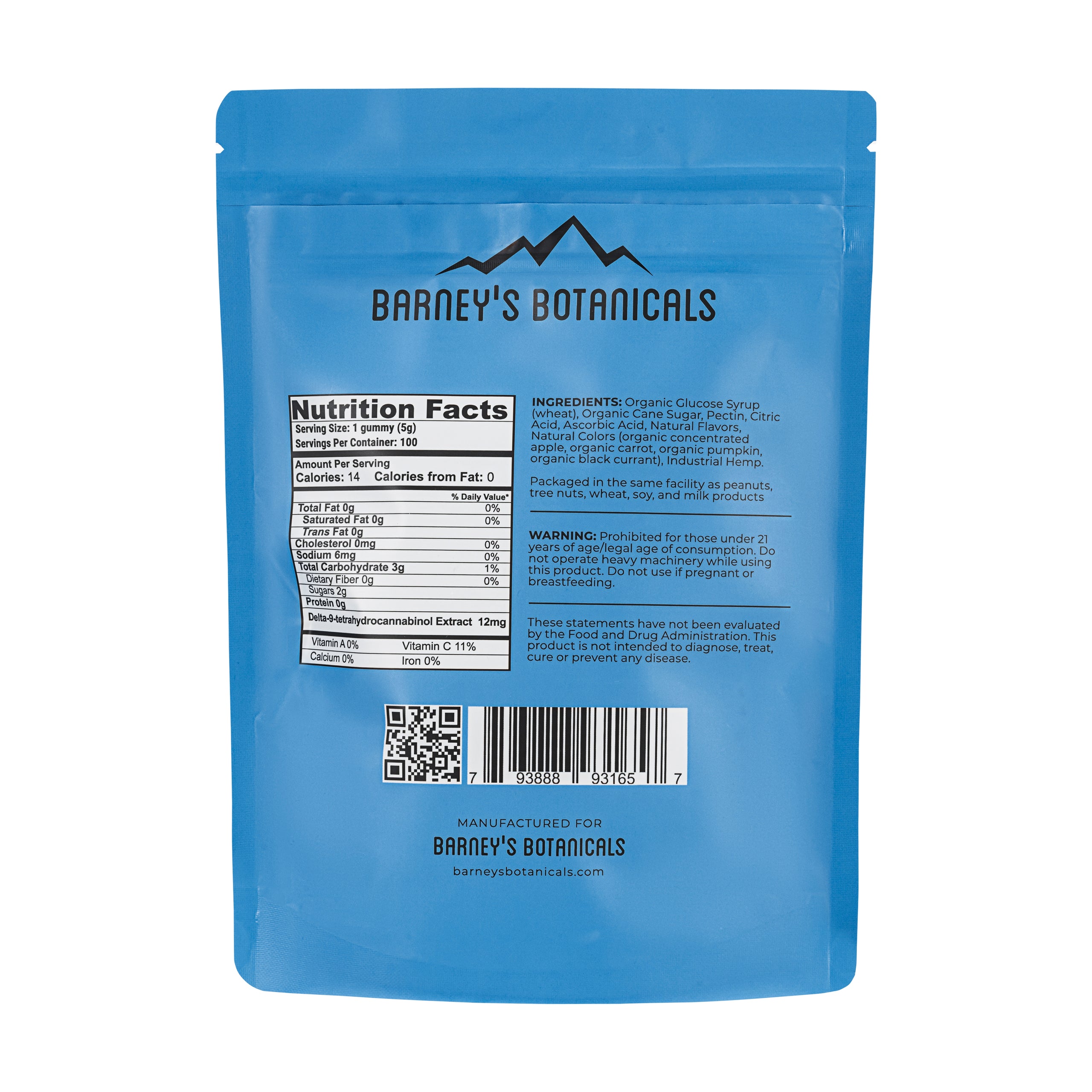 Nutrition Facts Barney's Botanicals 12MG Delta 9 THC Gummies 100 Count Pack