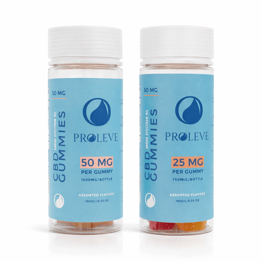 Two bottles of Proleve CBD gummies with blue labels on a white background