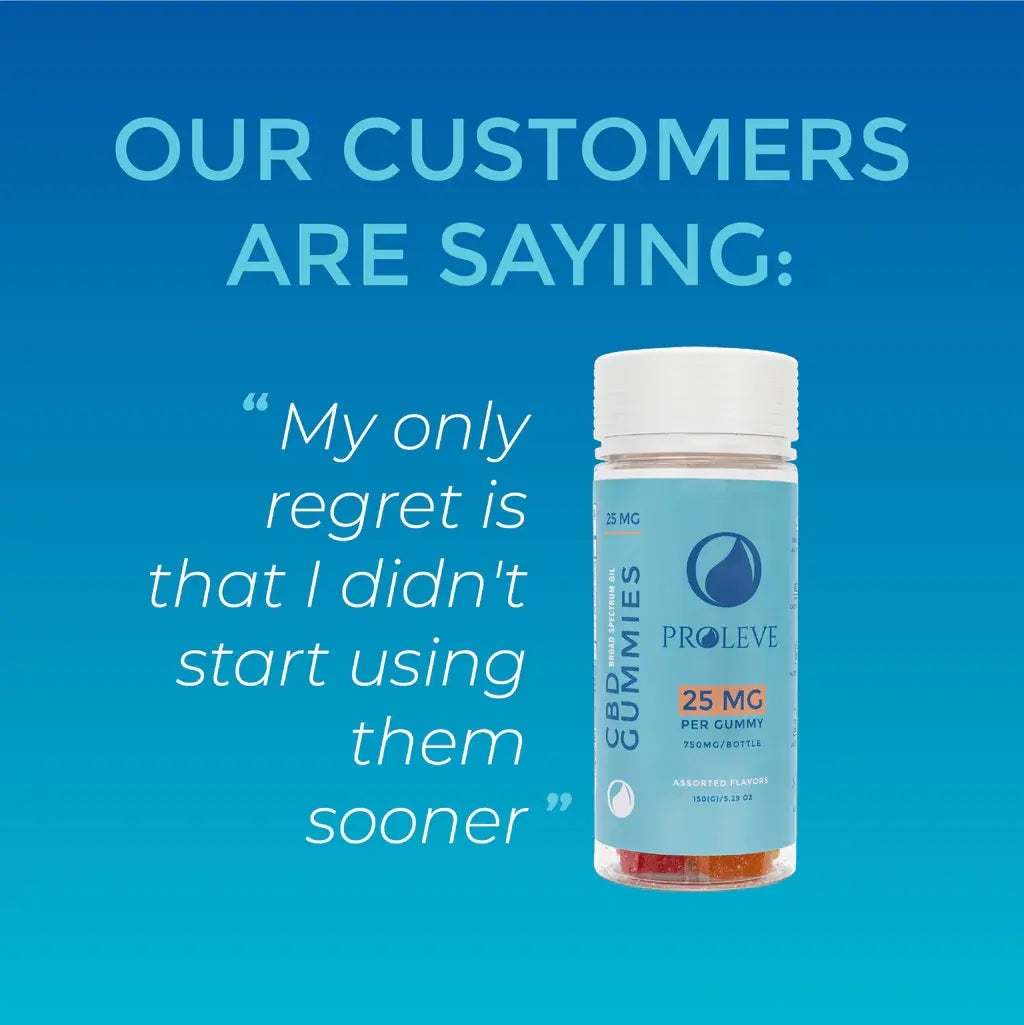 Bottle of ProLeve gummies with customer quote on a blue background saying "my only regres is that i didn't start using them sooner"