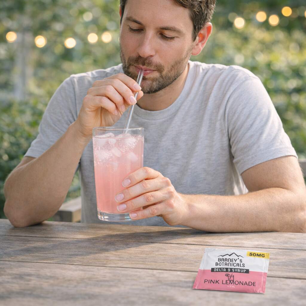 Man drinking a pink lemonade drink with Barney's Botanicals  Delta 9 Syrup 