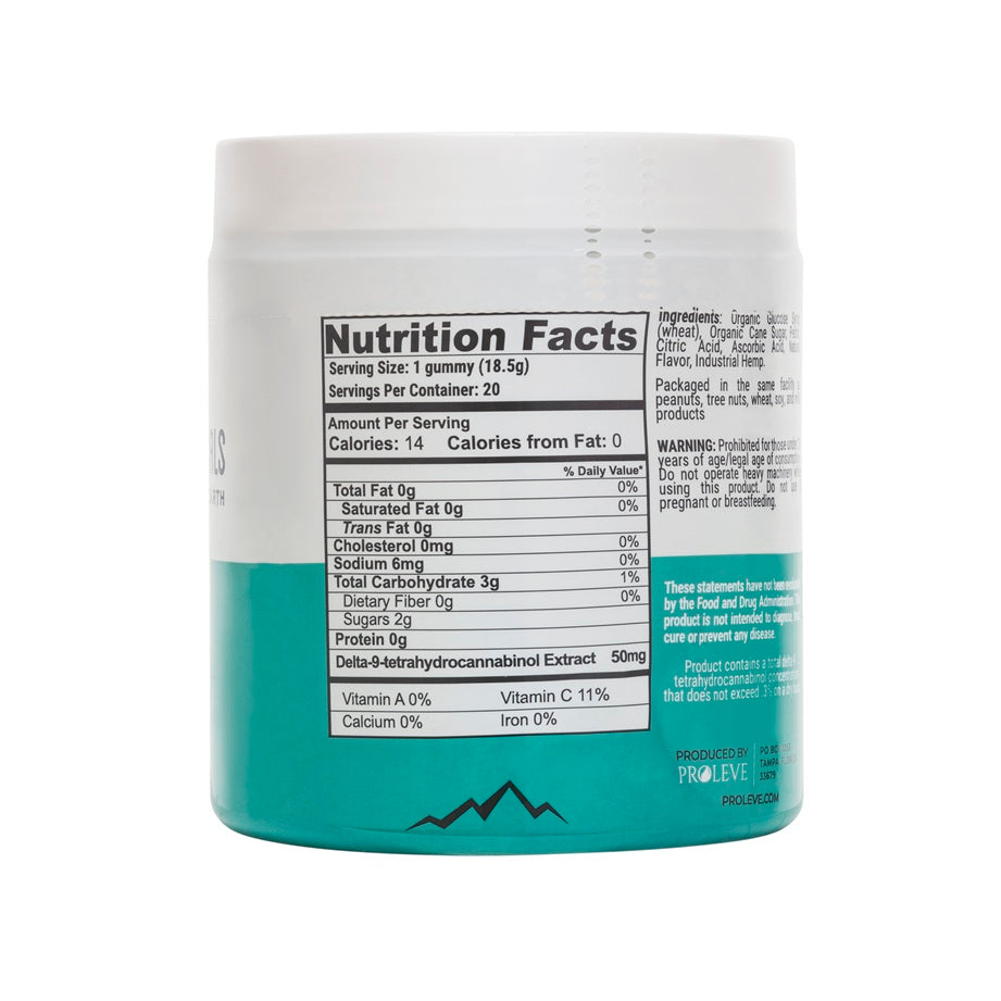 Nutrition facts label on a Barney's Botanical's container for 50mg D9 THC gummies with a white background