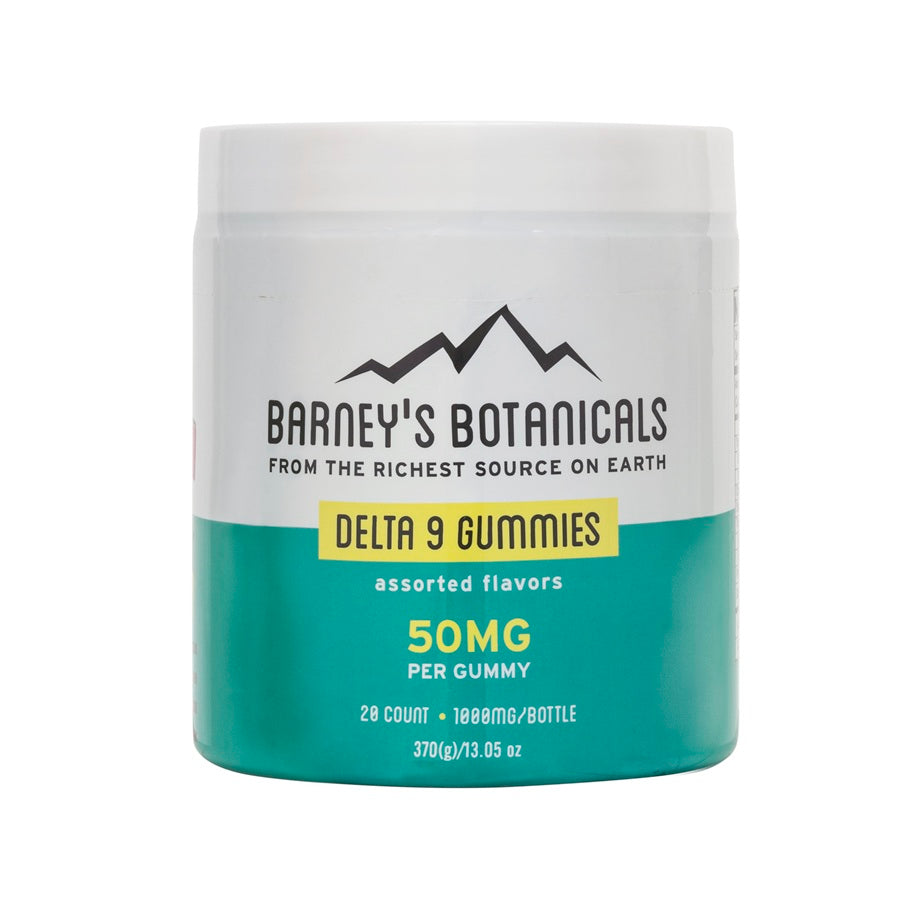 Jar of Barney's Botanicals 50mg Delta 9 Gummies on a white background