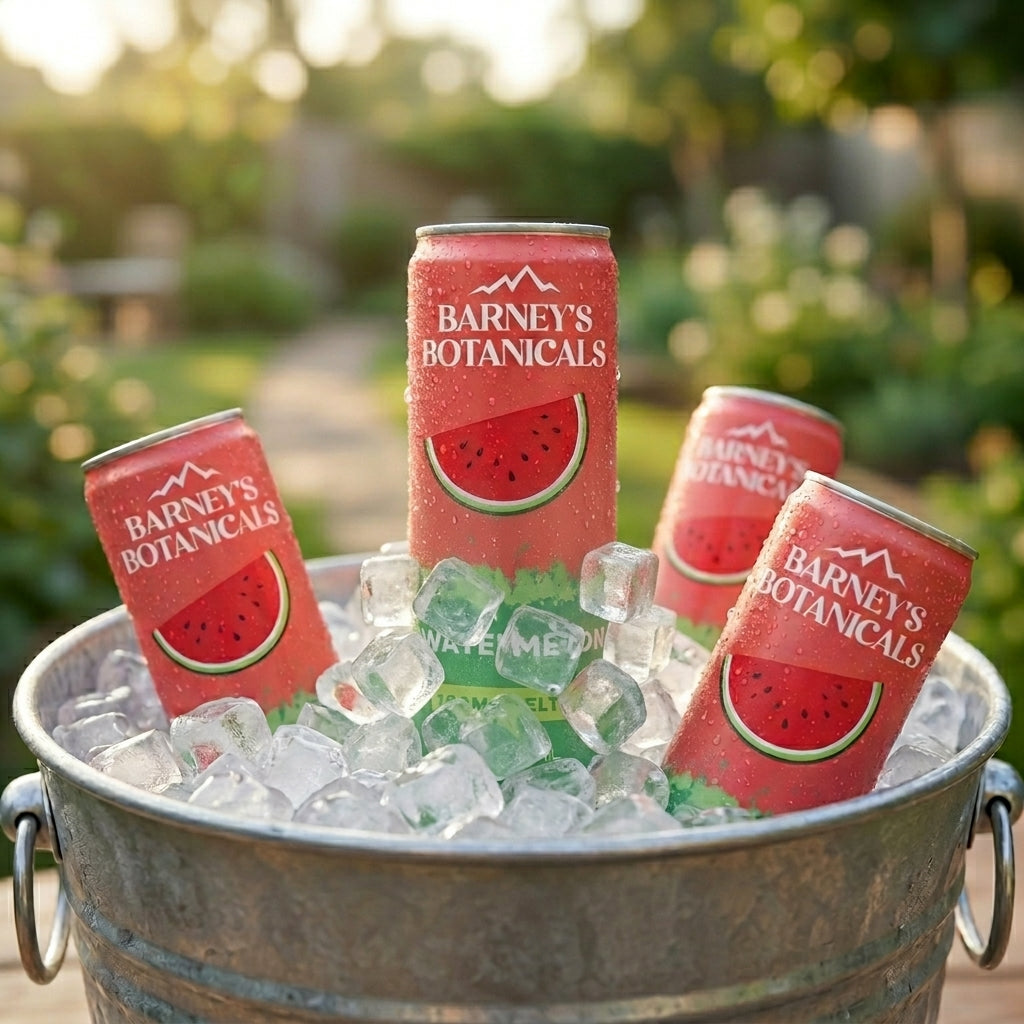 Cans of Barney's Botanicals watermelon-flavored drink on ice in a metal bucket with a garden background.