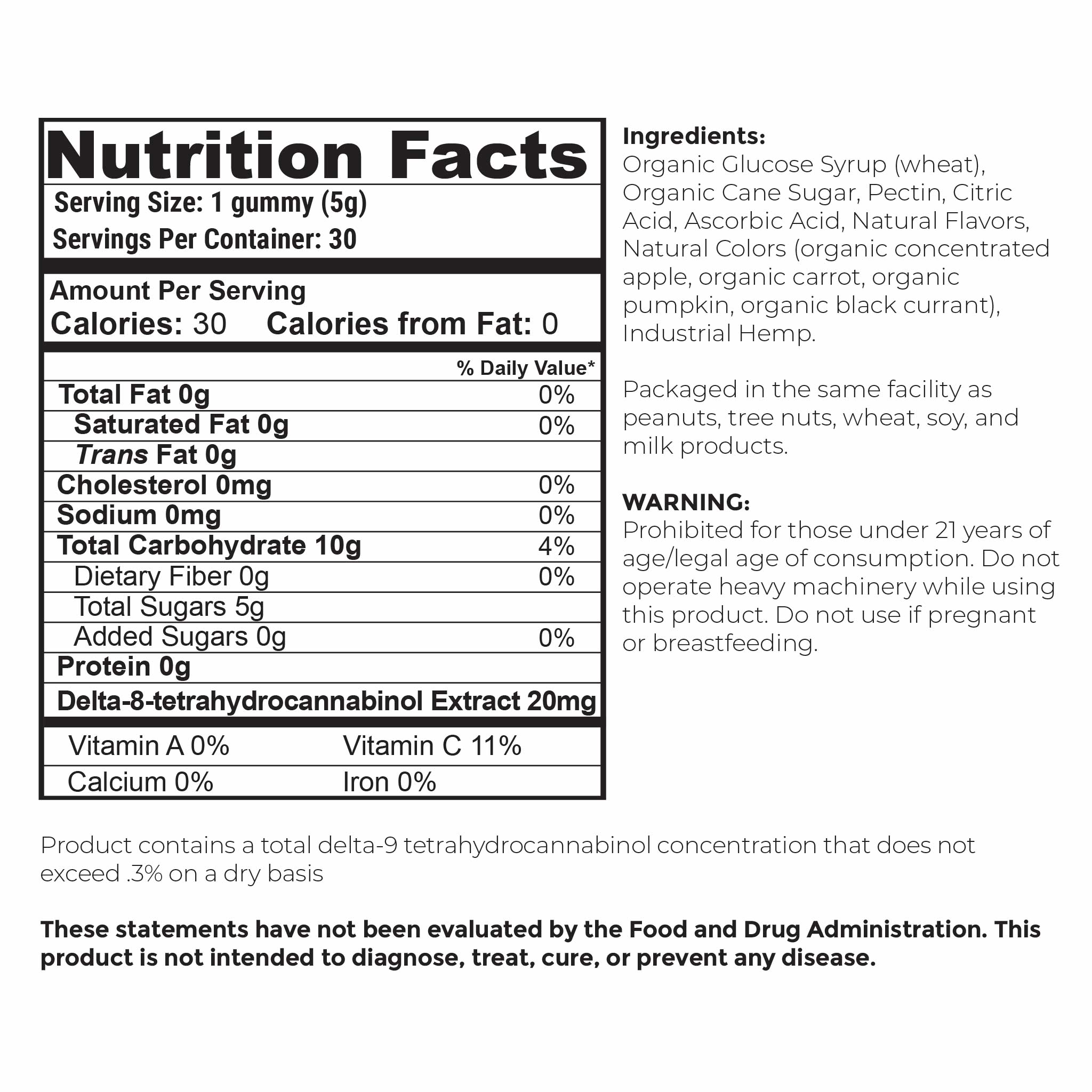 Nutrition Facts and serving size information for Barney's Botanticals 20mg Delta 8 Gummies in Assorted Flavors - 30 count Bottle