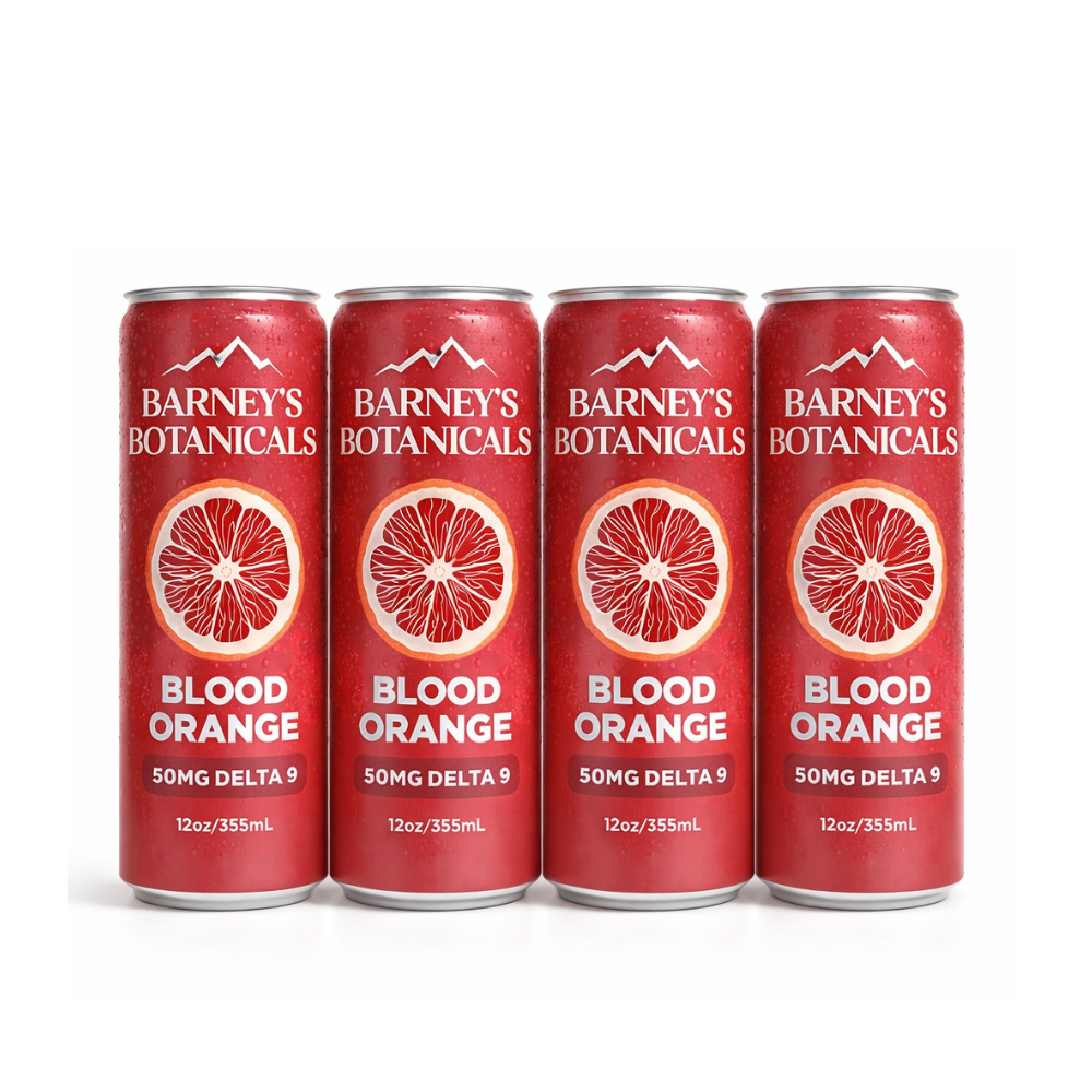 Four cans of Barney's Botanicals Blood Orange drink on a white background