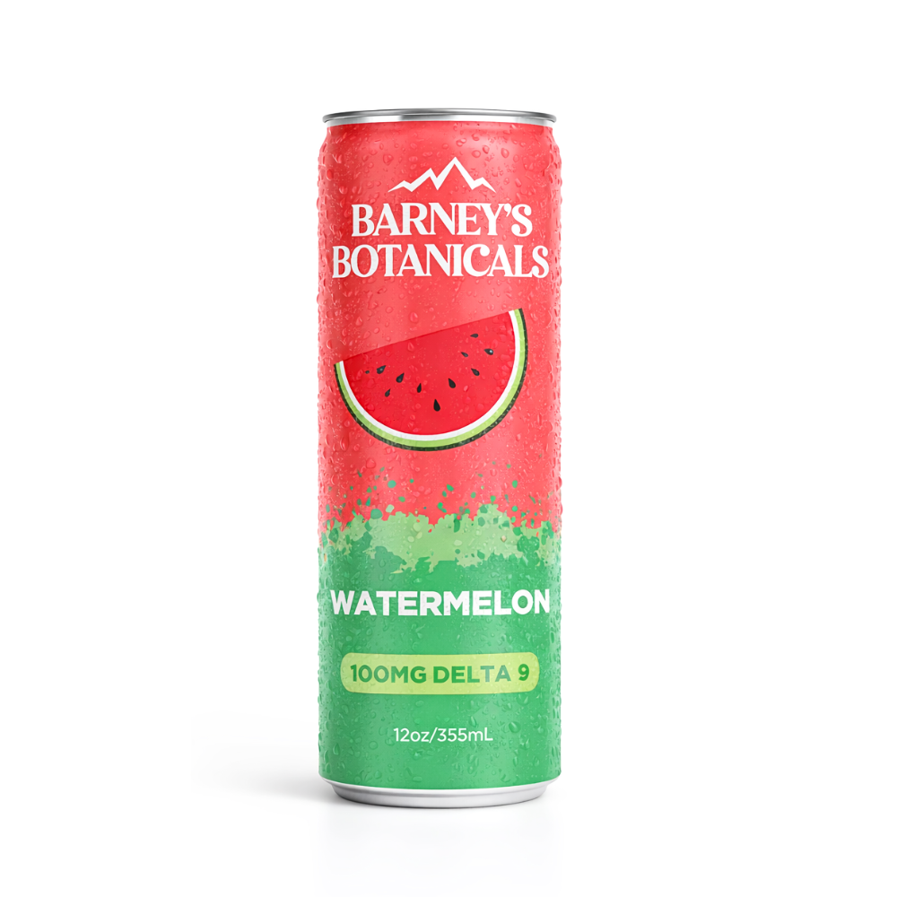 Barney's Botanicals watermelon-flavored Delta 9 THC drink can 100mg. 