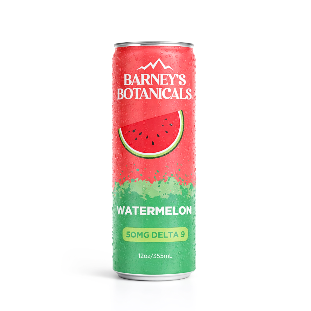 Barney's Botanicals watermelon-flavored drink can on a white background