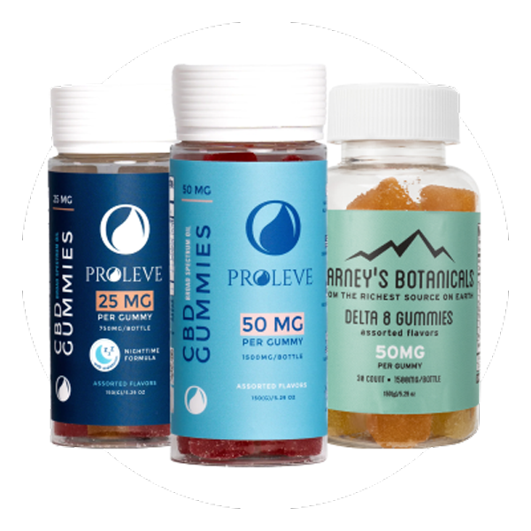 Product assortment including 25mg CBD Gummies, 50mg CBD Gummies, and 50mg Delta 8 THC Gummies