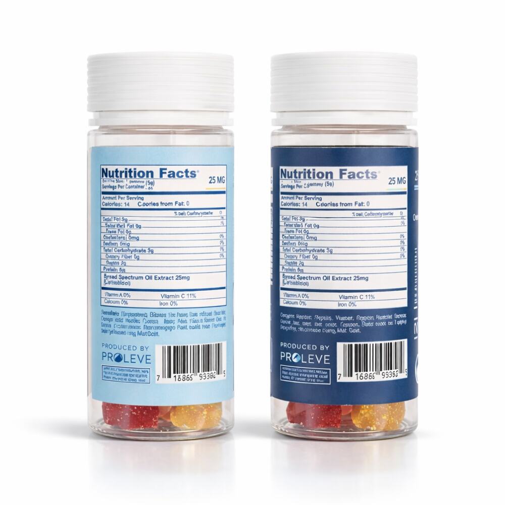 Two bottles of Proleve CBD gummies with nutrition labels on a white background
