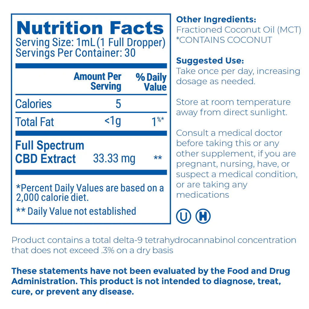Nutrition facts label for a full spectrum CBD extract product with serving size, calories, fat content, and CBD extract information.