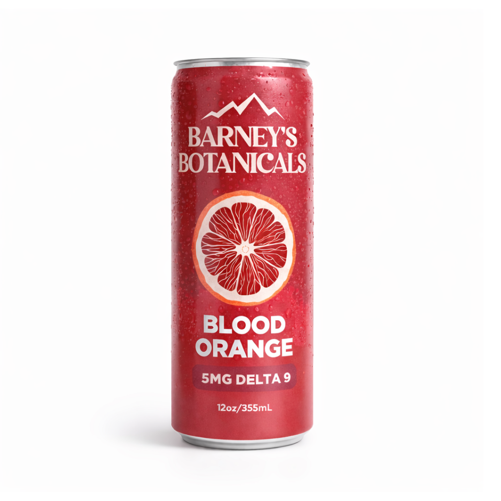 Red can of Barney's Botanicals Blood Orange Delta 9 product on a white background