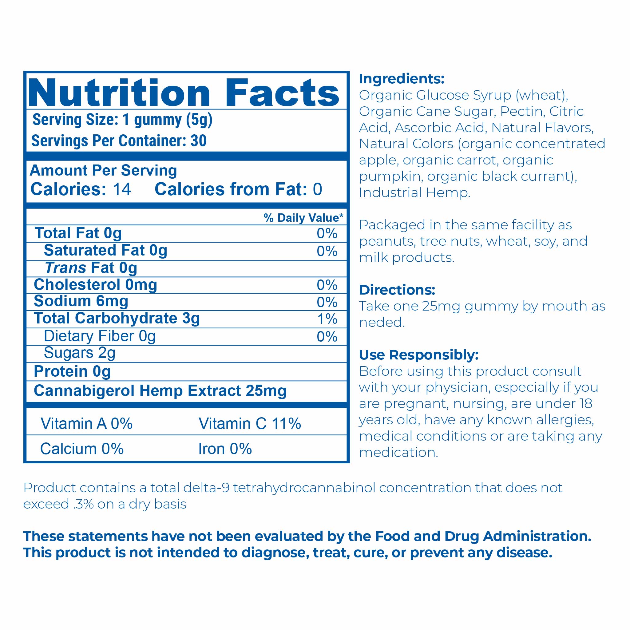 Nutritional label for 25mg CBG Gummies