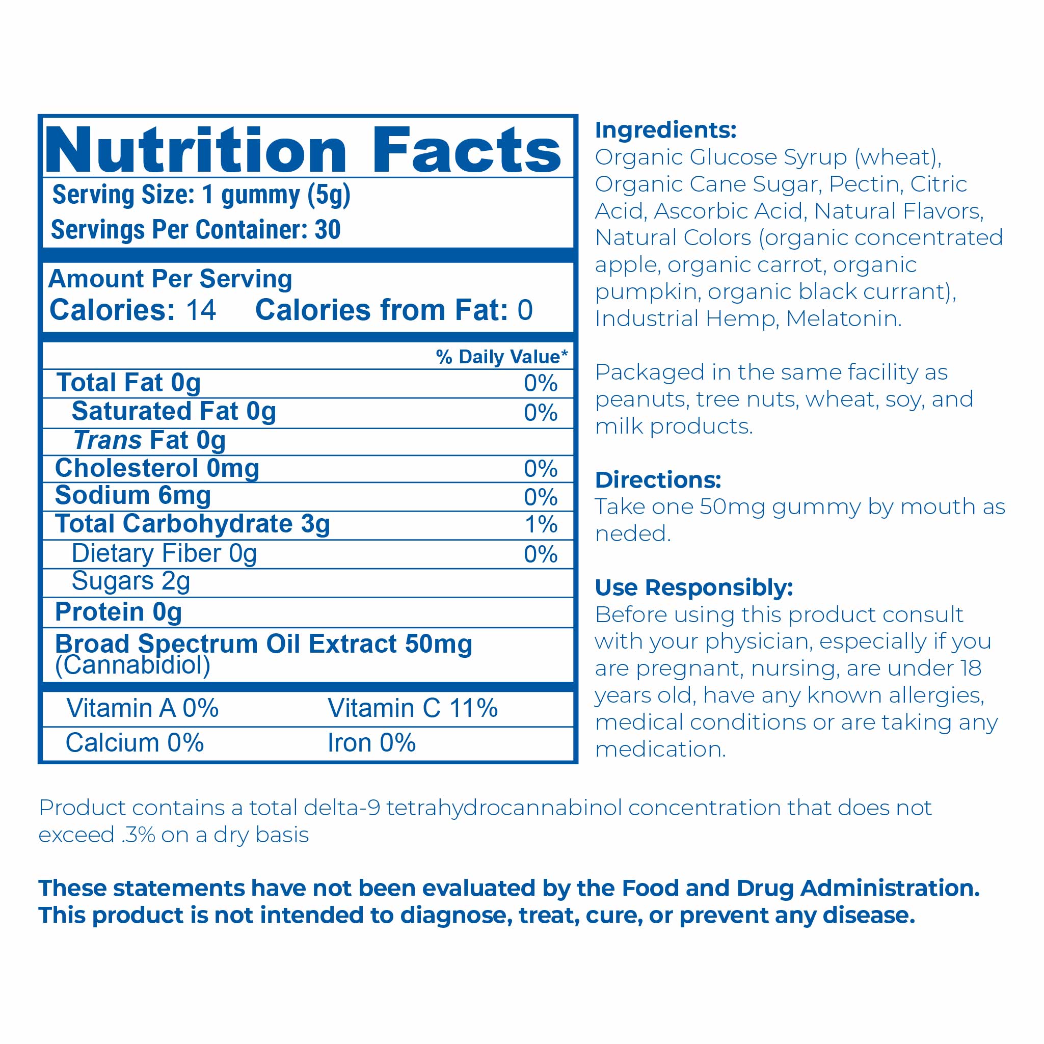 Nutritional label for 50mg Broad Spectrum CBD PM Sleep  Gummies