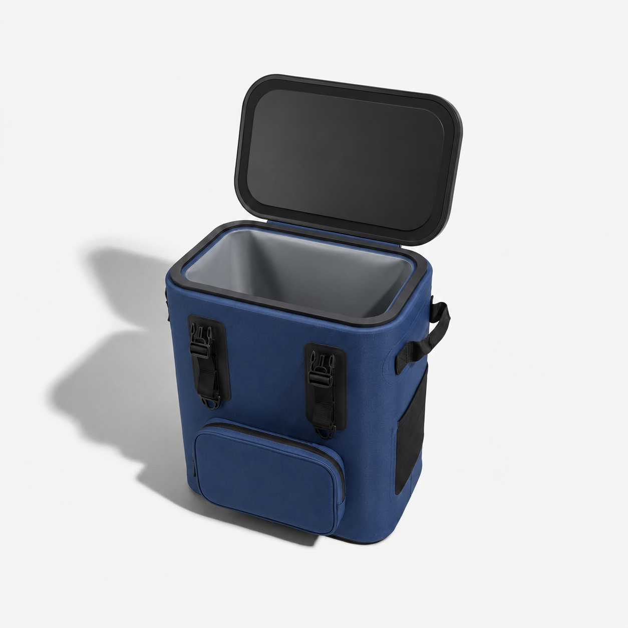 A blue soft-sided cooler bag with an open black lid, shown on a clean white background with a soft shadow.