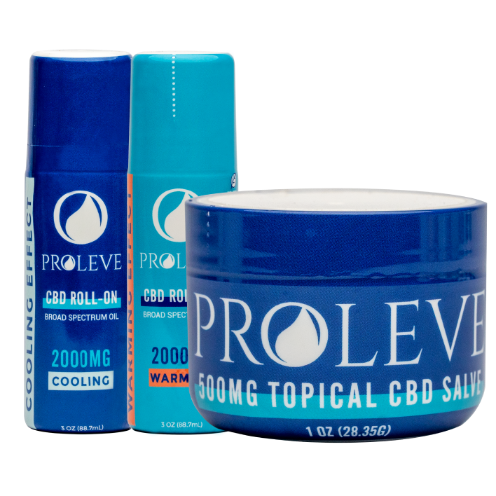 Proleve Recovery Bundle includes 2000mg CBD Cooling Roll-On, 2000mg CBD Warming Roll-On, and 500mg CBD Salve